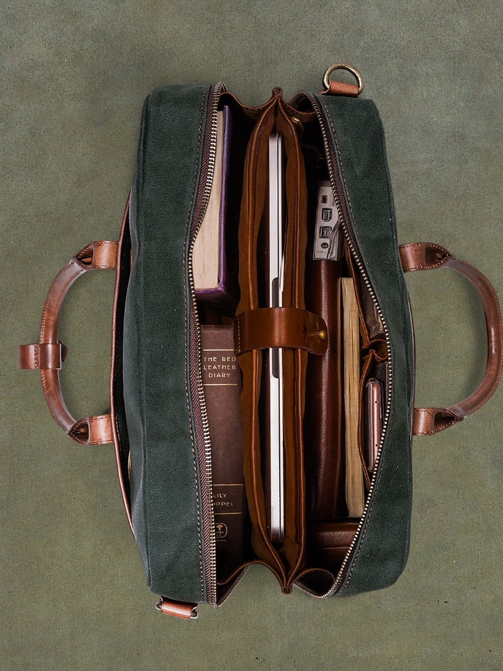 Satchel & Page Canvas & Leather Aviator Briefcase Bag in Dark Green and Brown
